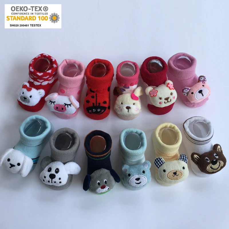 Wholesale kids cotton 3D socks head baby socks for girl cute animal soft baby socks toys wrist rattles