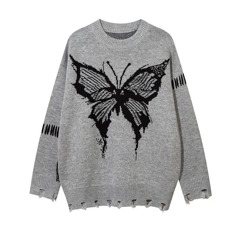 High Quality Autumn and winter Trendy Black Butterfly Jacquard Soft and Waxy Knitted Oversized Couple Sweater