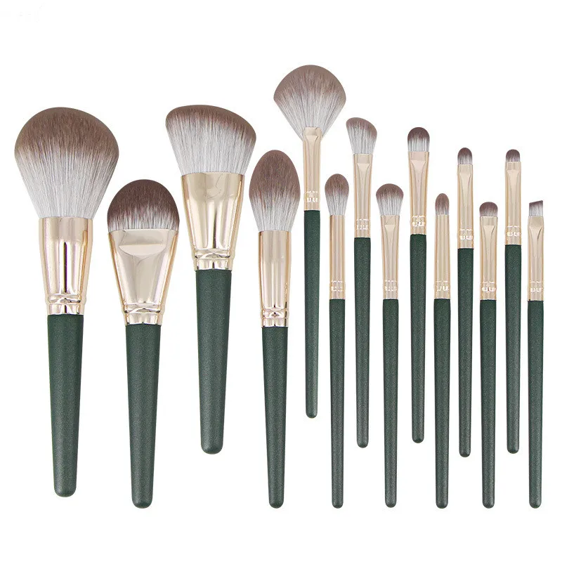 New 14 pcs Luxury High Quality Designer Eyeshadow Custom Fan Green Makeup Brush Sets