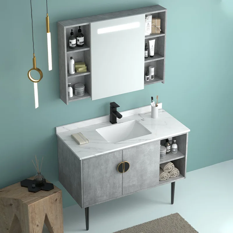 Рок плиты интегрированный таз интеллигентая (ый) Зеркало выдвижными полками на стены для ванной комнаты из твердого дерева простой