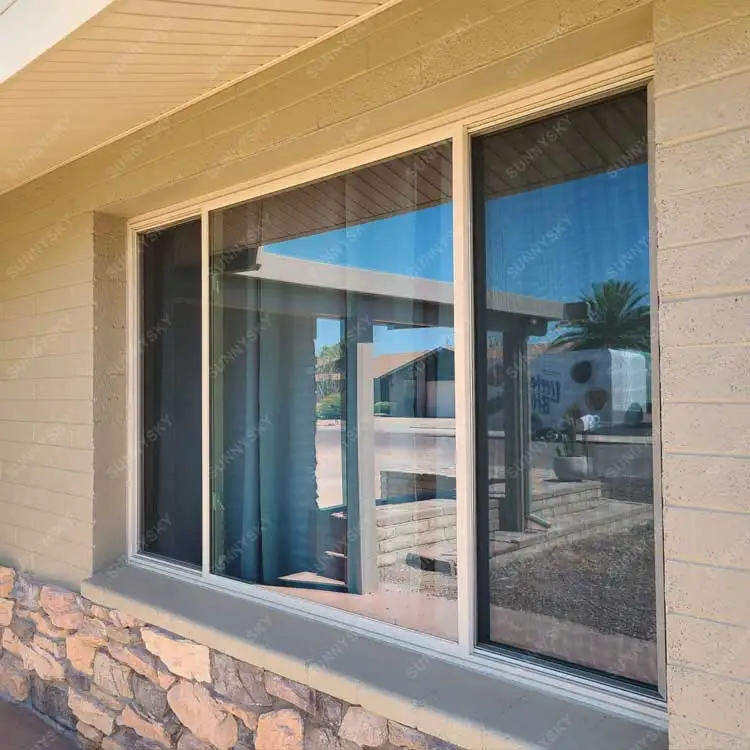 Sunnysky Grain Filmed oversized Fancy Design UPVC window wooden like Sliding pvc window