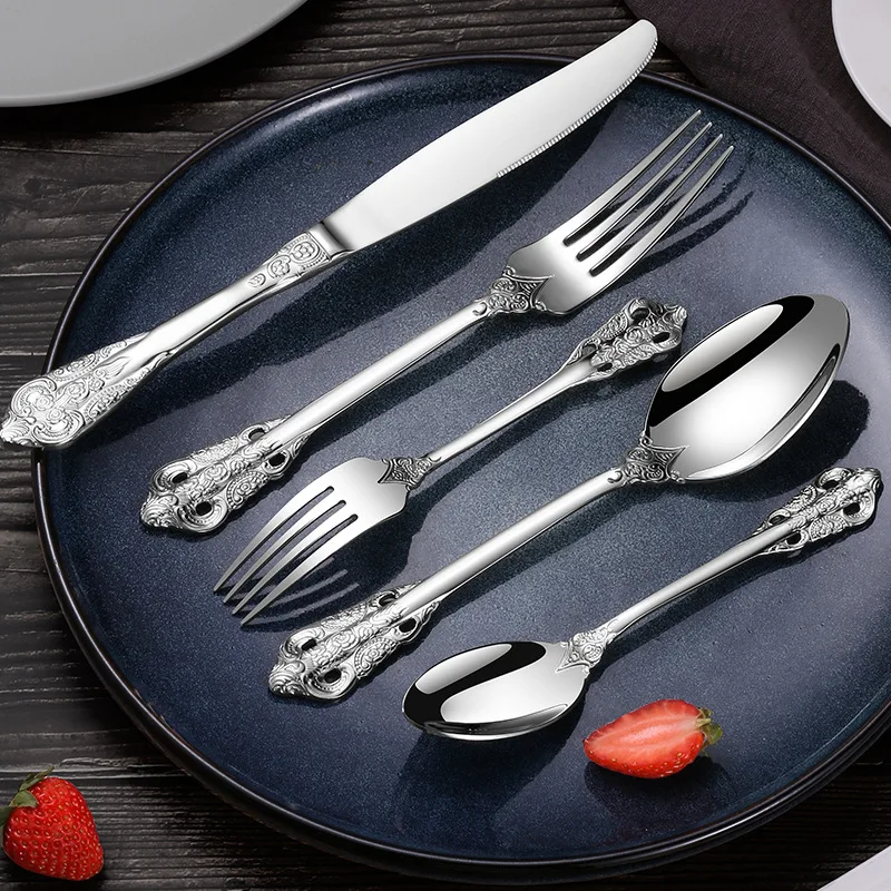 High Quality Luxury Vintage Gold And Silver Flatware Royal Stainless Steel 304 Golden Cutlery For Banquet Wash Safe Silverware