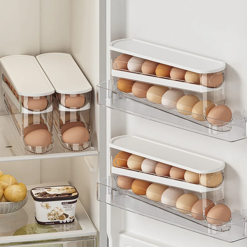 Fridge Organizers and Storage Auto Rolling Fridge Egg Organizer Space Saving Eggs Dispenser Refrigerator Egg Holder Container