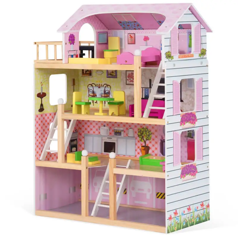 Cheap price wooden make up toy set play house 4 storeys wooden toy doll house with 24pcs mini furnitures