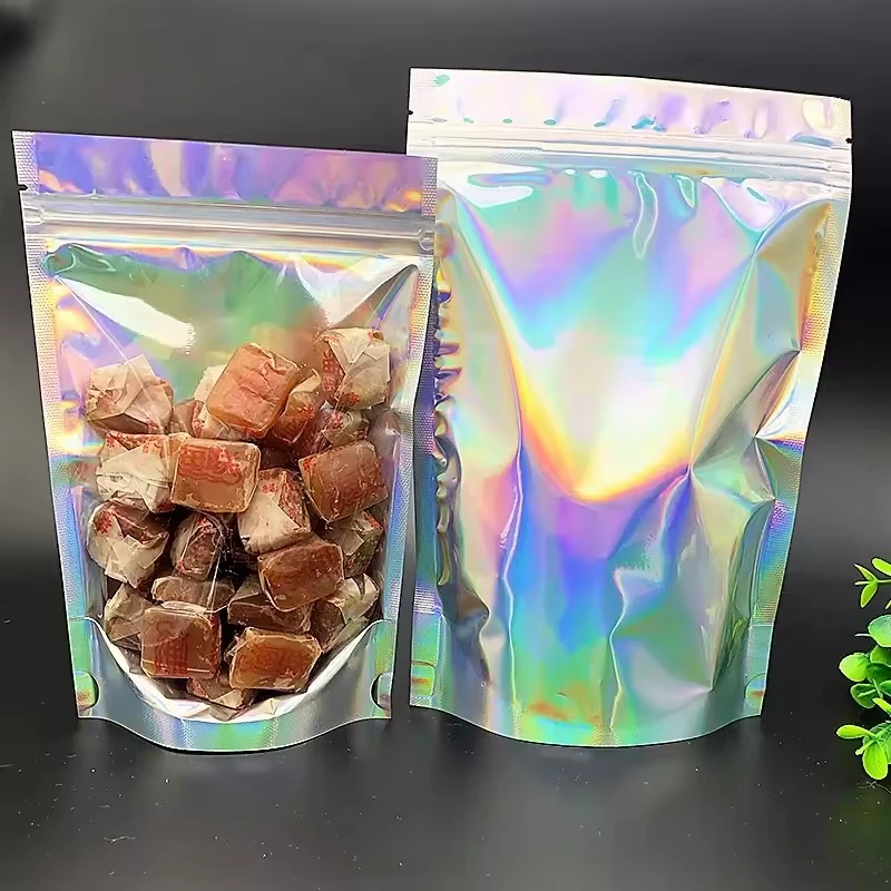 1Pack=100Pcs In Stock Transparent Holographic Laser Film Bag Resealable Aluminum Foil Mylar Ziplock Heat Seal Zipper Laser Bag