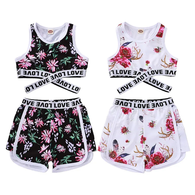 
Summer Fashion 2021 Colorful Flower letter print sleeveless shorts two pieces set children clothes for wholesale 
