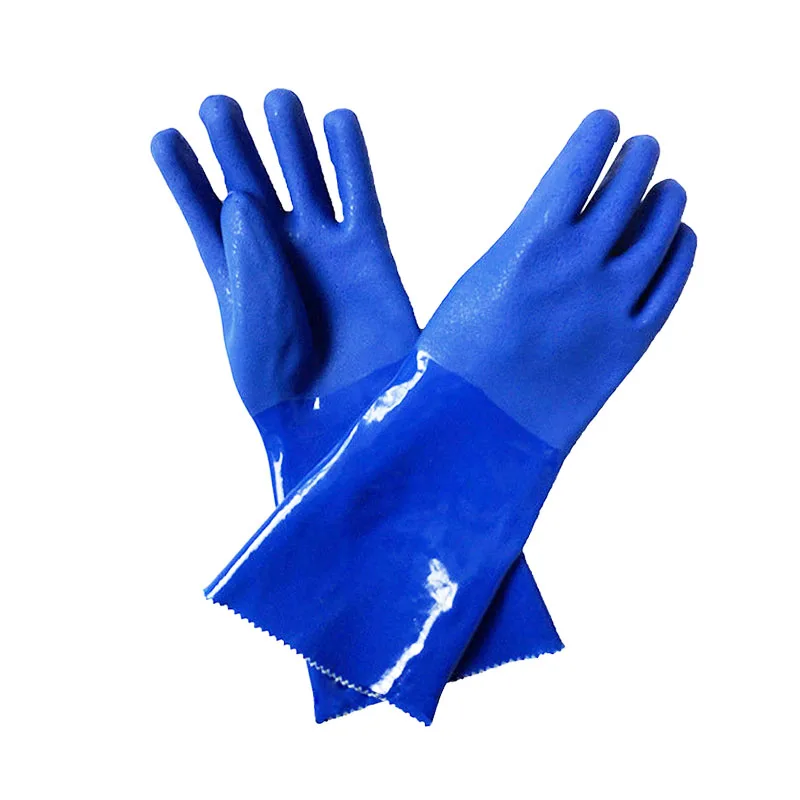 Wholesale EN374 Anti Oil Acid Chemical Resistant Blue Red Long Cuff Rubber Heavy Duty PVC Fishing Industrial Work Hand Gloves