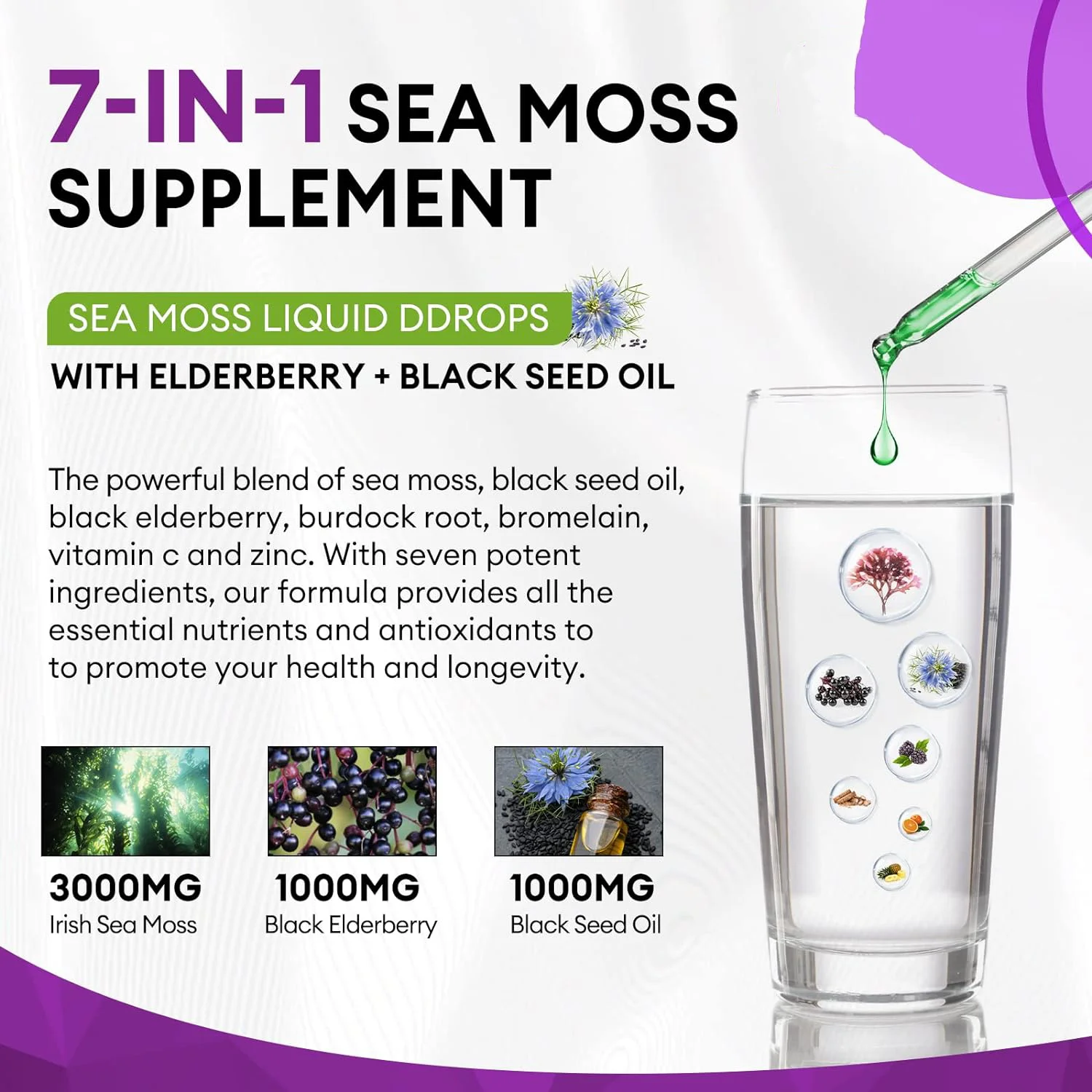 Private Label Natural 7-In-1 Sea Moss Liquid Drops with Burdock Root Supplement for Joint, Digestion, Thyroid, Hair & Skin