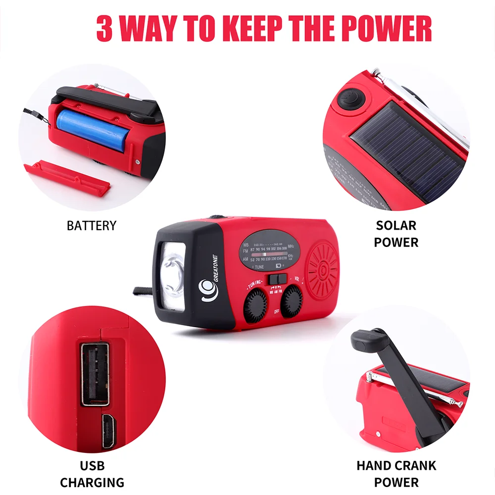 Wholesale Hot Styles Rechargeable Battery Portable Self Powered Dynamo SOS Alarm Emergency Solar Hand Crank Flashlight Weather B