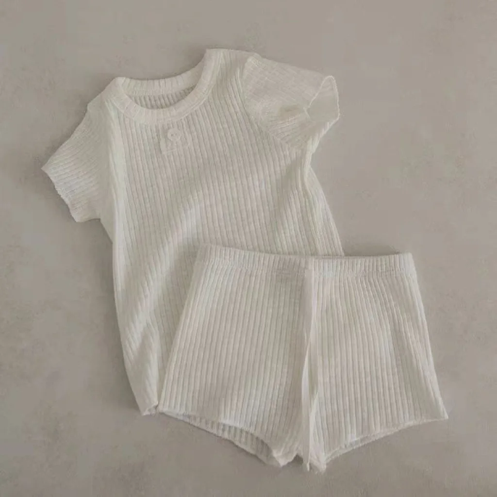 Wholesale Newborn Summer Baby 2pcs Set Kids Thin Cotton Breathable Short Sleeve Ribbed T shirts+Shorts Blank Plain Clothes Suit