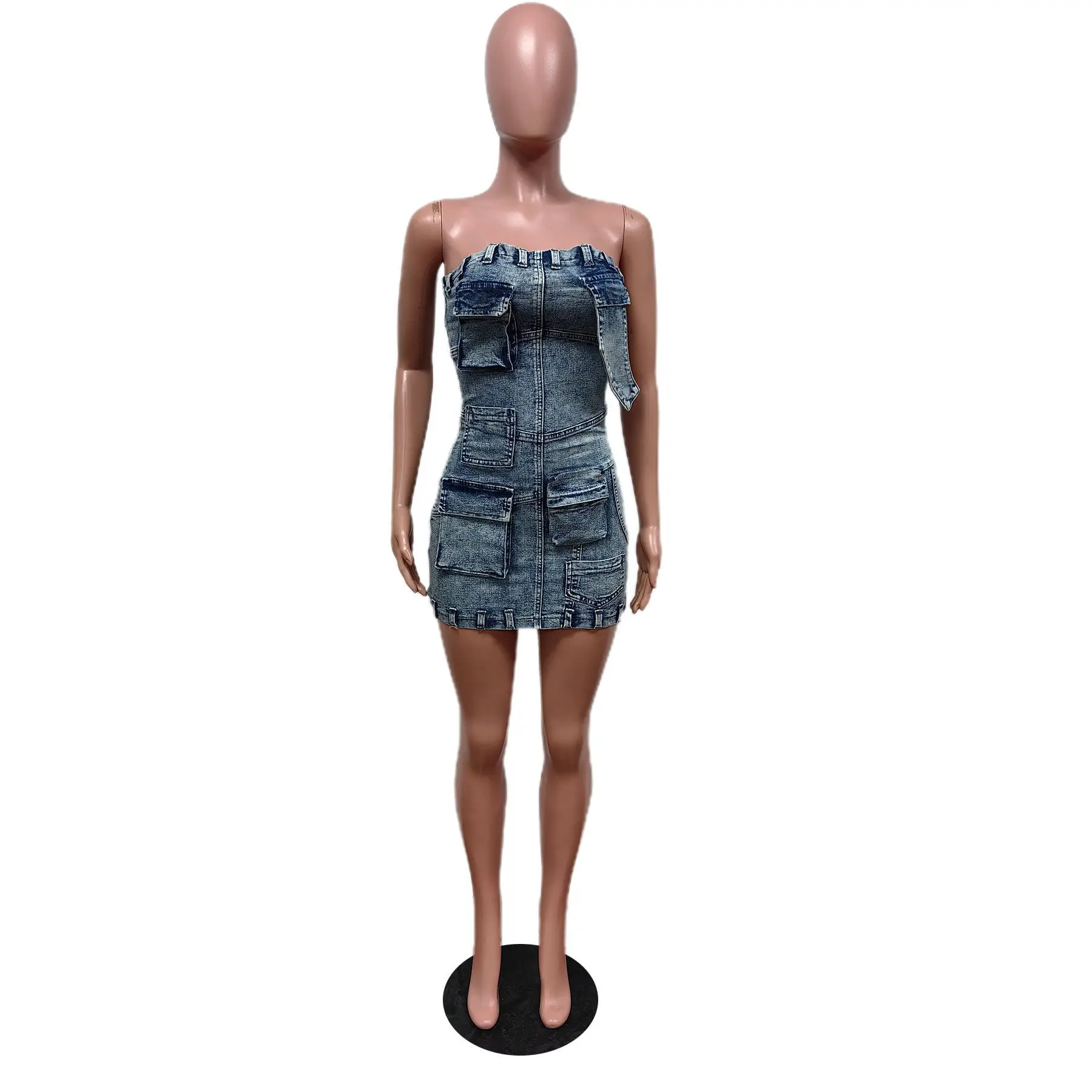 Denim Multi Pocket Strapless L27601 Mini Dress Crocheted Spandex Simple Styles Casual Bow Collar Short Knees-Length Light