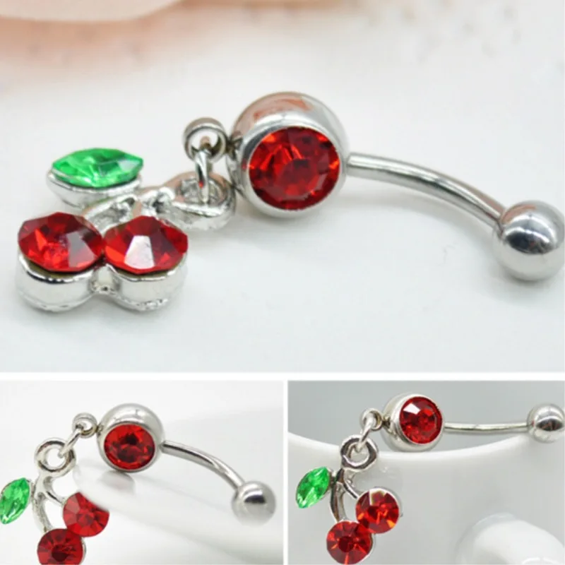Diamond Navel Nail Red Cherry Stainless Steel Navel Ring Titanium Steel Navel Buckle Puncture Jewelry