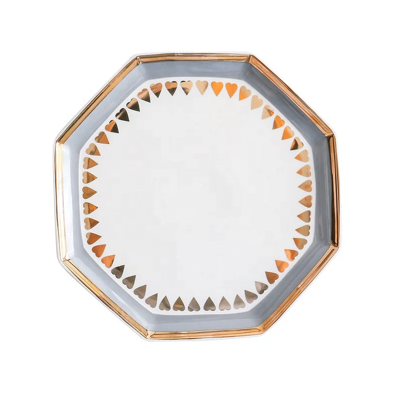 Wholesale Oem Welcome Gold Heart Pattern Octagon Plate Dinner Set Luxury Fashion Wedding Party Dinnerware Plates And Bowls