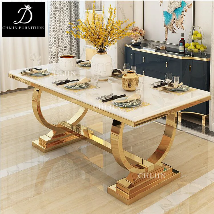 Modern Luxury Dining Table Set 8 Seater Restaurant Stainless Steel Metal Table Legs Marble Dining Table And Chairs Furniture