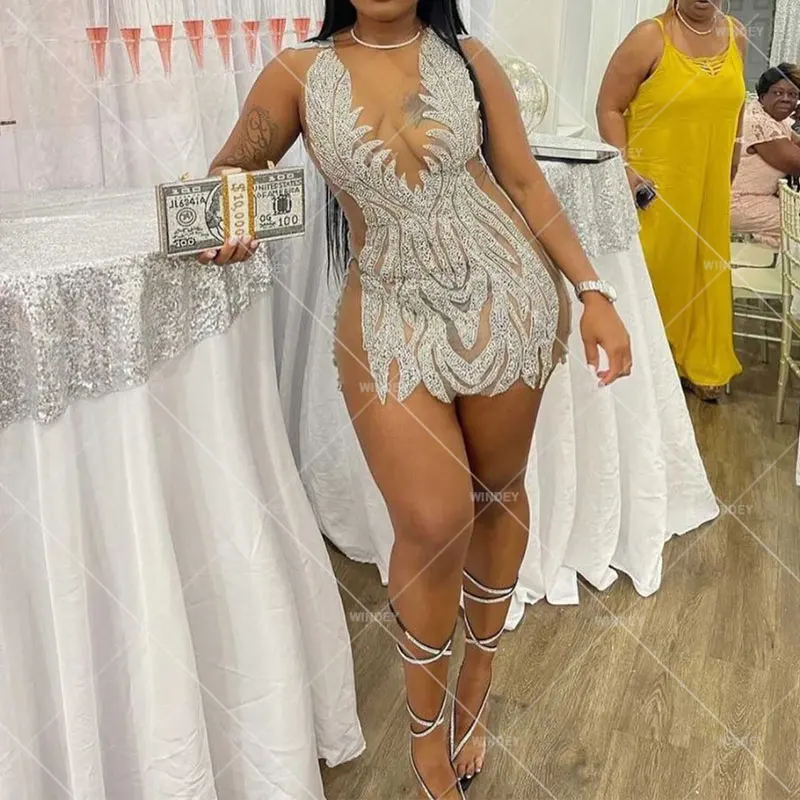 Handmade Elegant Crystal Party Mini Skirt Prom Black Rhinestone Shine Night Dresses For Woman Sexy