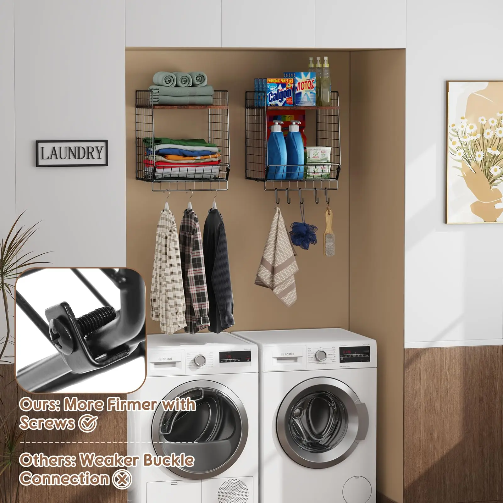 2 Pack Adjustable Laundry Room Organizer and Storage with Wire Baskets with Wall Mounted metal wire mesh basket