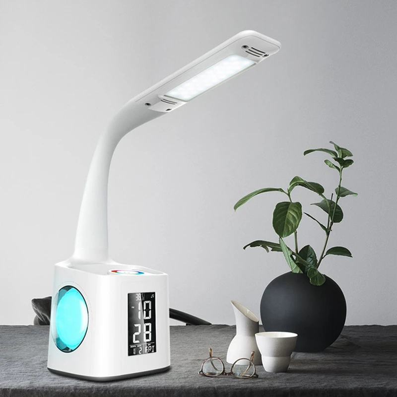 LED Desk Lamp Contact Control Eye Protection Table Lamp, Screen and Coloured Night Light with Pen Holder and Alarm Clock