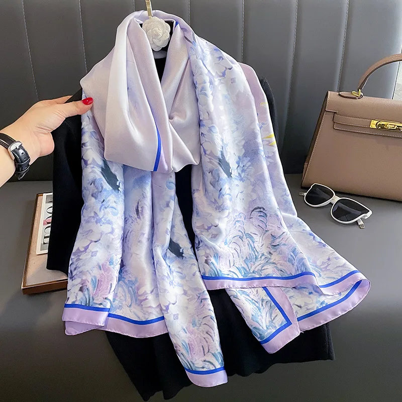 Fashion 180*90cm Silk Scarf Foulard Bandana 2024 Long Scenery Printed Scarf Silk Luxury Shawl