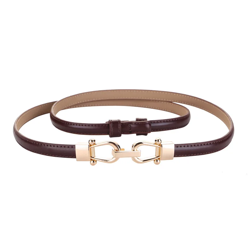 New Product Skinny Long Faux Leather Lady Belt Thin Leather Waist Belts with Golden Buckle for Women