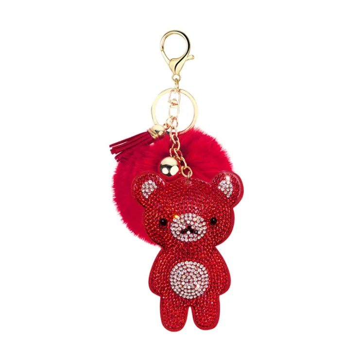 High Quality Leather Strap Car Key Chain Strass Rhinestone Bling Teddy Bear Keychain For Bag