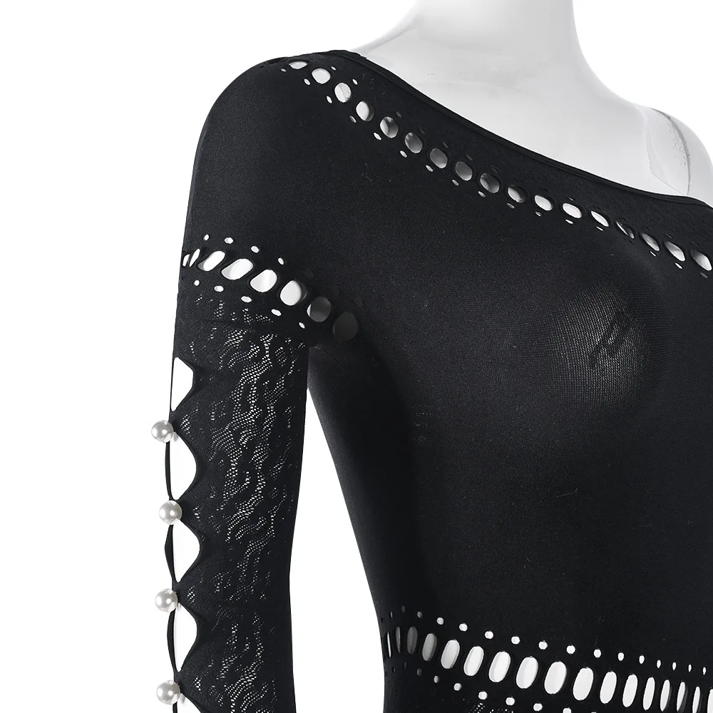 One size European and American sexy hot girl hollow seamless knitted jacquard one-piece high elasticity jumpsuit