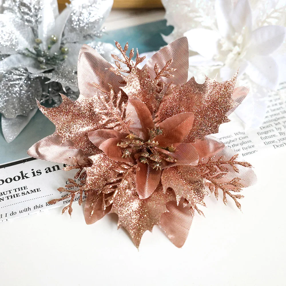 Party Decorations Velvet Floral Colorful Christmas Tree Flowers Poinsettia Flower Artificial Christmas Ornament