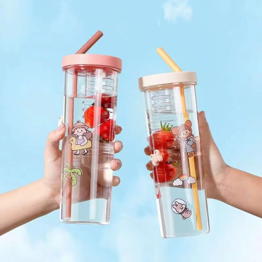 Water cup summer portable large capacity with funnel fruit tea children drinking straw bottle pot tea big belly cup