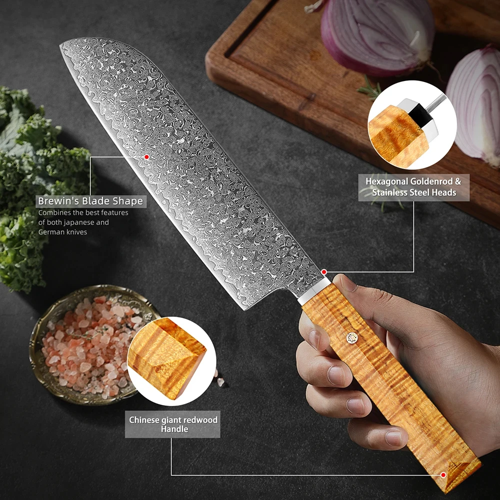 XITUO Professional Japanese Damascus Steel Kitchen Santoku Chefs Knife,Ergonomic Goldtone Handle,Super Sharp Chef Knives