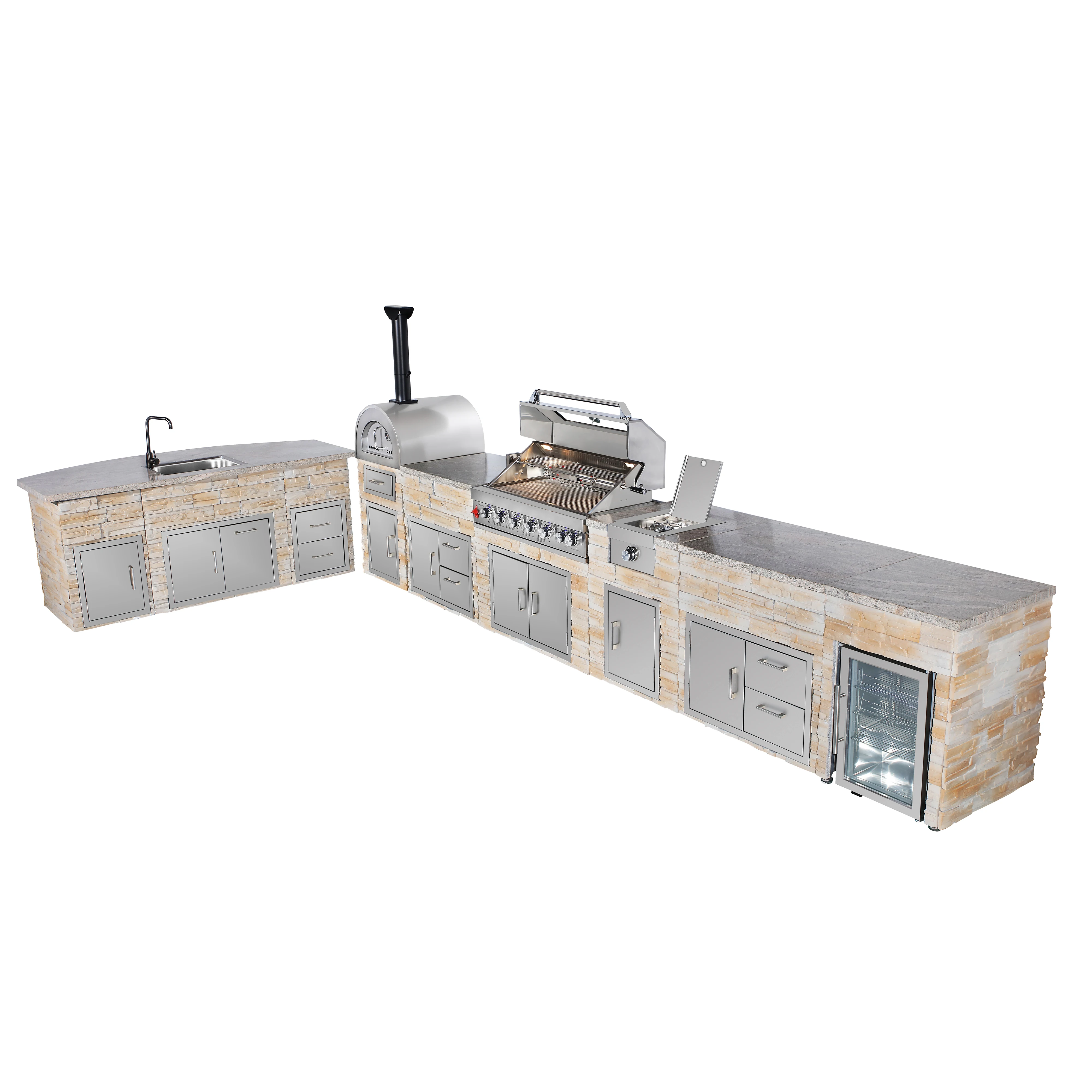 L-Shaped Outdoor BBQ Grill Island Set Including Stone Veneer Grill Kitchen and Bar