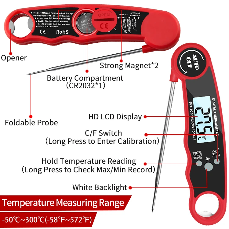 Digital Instant Fast Read Waterproof Meat bbq Thermometer Kitchen Thermometer with Foldable Probe  Bottle Opener