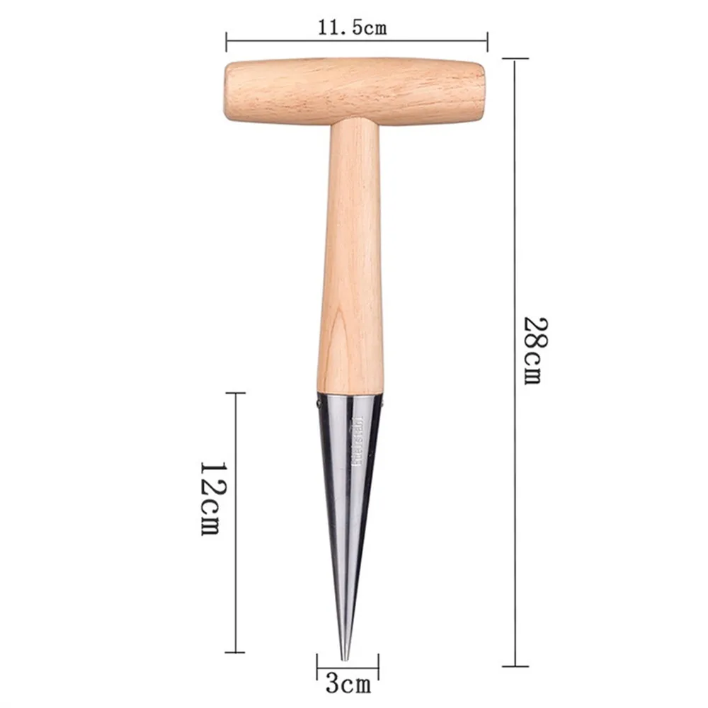 Gardening Wooden Handle Spiked Stainless Steel Head Hole Puncher T-shaped Greenhouse Seed Transplanting Planting Tools