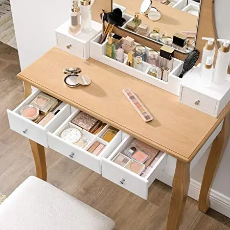 Vanity Set Makeup Dressing Table with Round Mirror 2 Large Drawers with Sliding Rails Cushioned Stool White