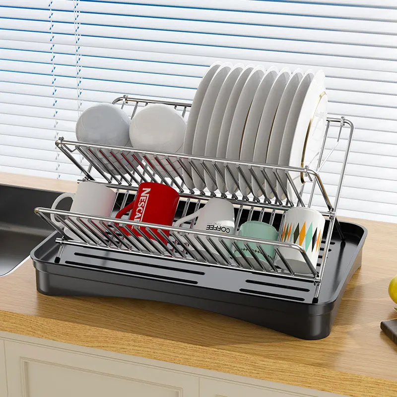kitchen collapsible built in 2 tier dish rack Metal grid Coffee cup drying shelf with tray drainer tableware washing  holder