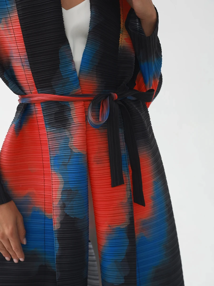 Factory Customized high quality Miyake Pleated Abaya Scarf Collar Belt Kaftan Robes Front Open Coat Women Muslim Modest Abaya