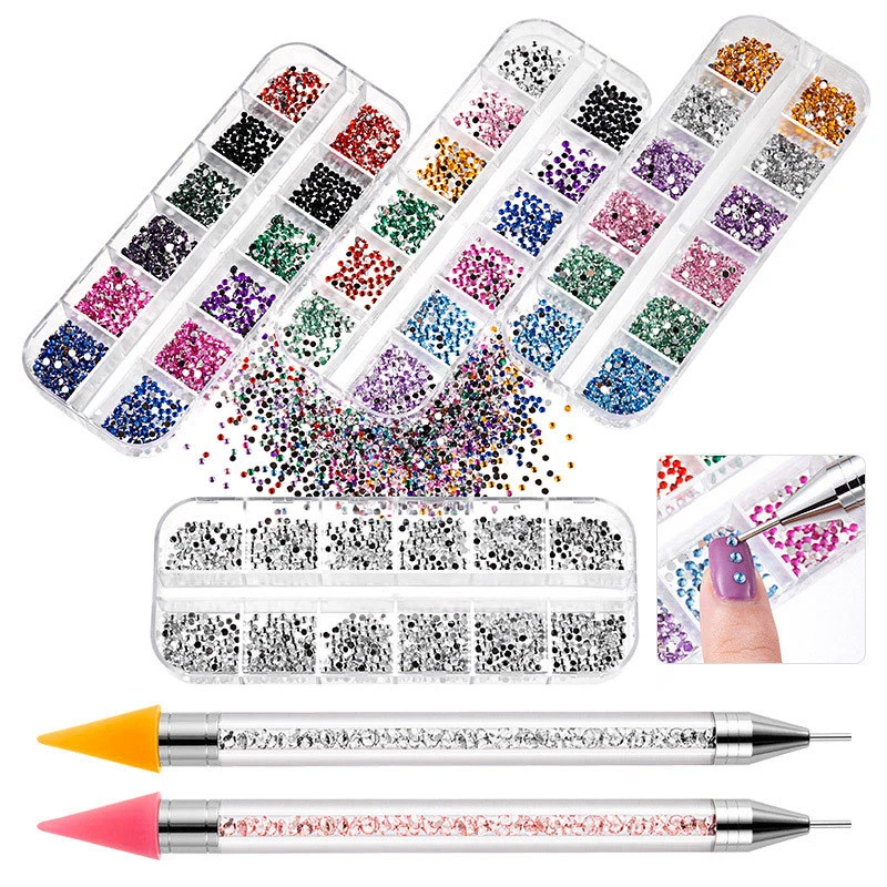Nail Art Rhinestones Kit Nail Gems Ab Flatback Rhinestones Gems Stones, with Storage Box/Wax Pencil/Tweezers for Nail Art Craft