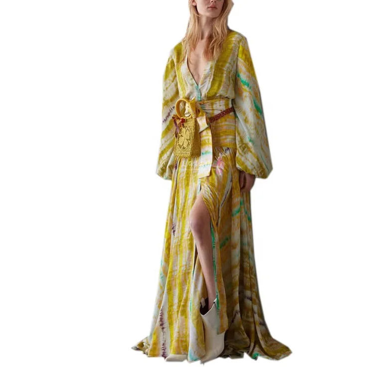 2020 Deep V Neck Boho Style Tie Dye Beach Maxi Dress
