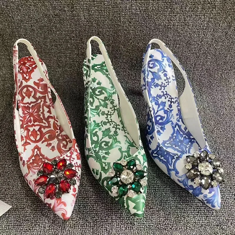Blue White Porcelain Rhinestone Sandals Woman Pointed Toe Diamond Flower Thin High Heels Lady Sexy Party Shoes