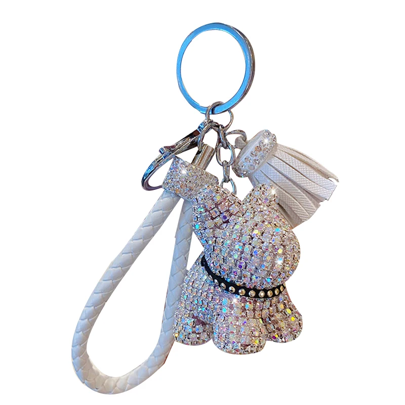 Handbag Pendant Rainbow Pink Black AB Crystal Violence Bear Key Ring Bling Diamond French Bulldog Key Chain With Tassels