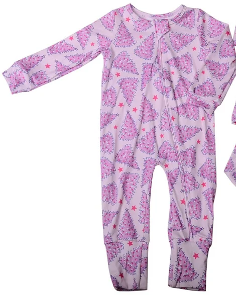 230g cotton/bamboo Custom Christmas Printed Girls Jumpsuit Long Folding feet Romper Babies Zip-Up Pajamas