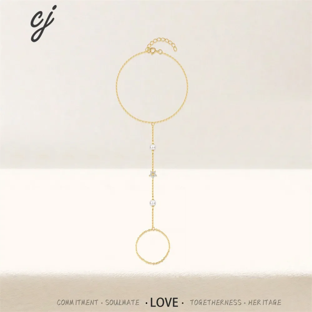 Carline Fashion Hand Chain Ring Bracelet Simple 925 Silver Pearl Zircon Flower Ring Bracelet Ring Connected Jewelry for Women