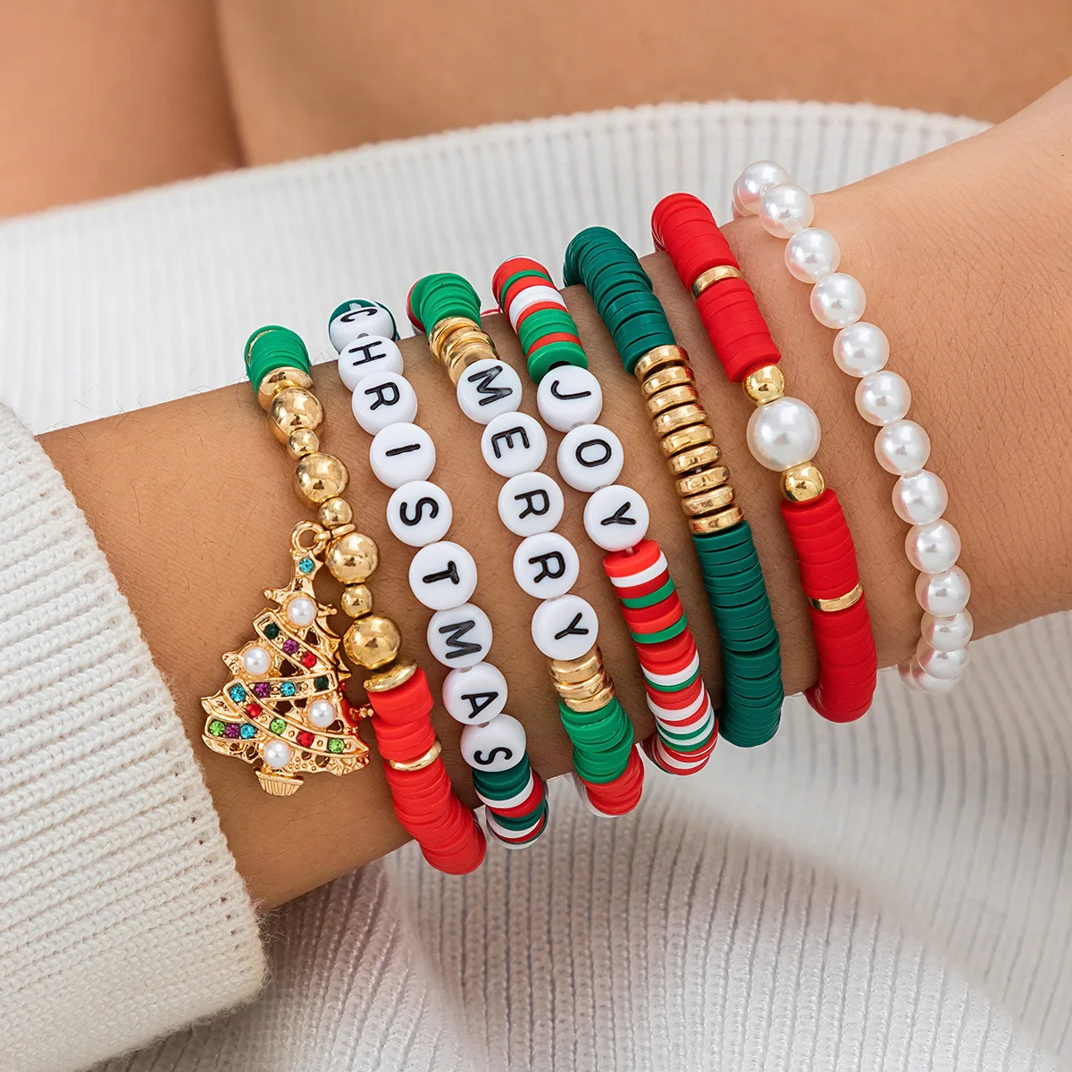 Cute Polymer Christmas Beaded Bracelet For Women Stackable Christmas Tree Snowflake Letter Bracelet Christmas Jewelry AM1471008