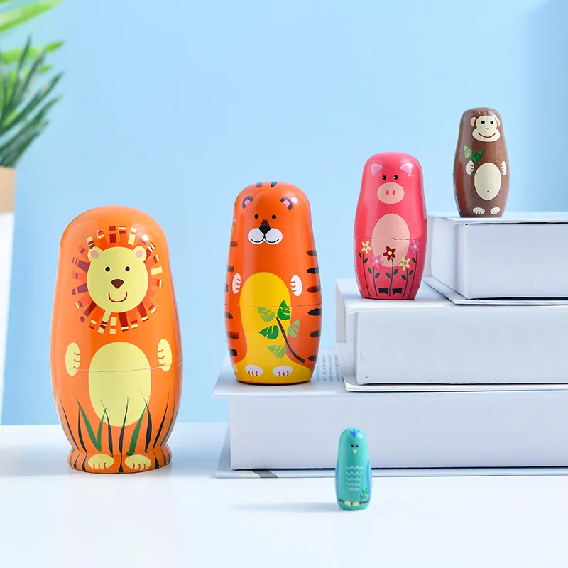 Factory Wholesale Hot Sale Wooden Nesting Animal Doll Cartoon Cute Animal Pattern Educational Wooden Nesting Dolls For Kid