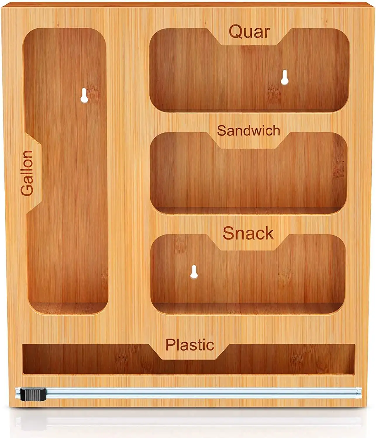 Hot selling Customized 5 In 1 Bamboo Ziplock Bag Roll Storage Organizer Plastic Foil Wrap Organizer Suitable For Kitchen Drawer