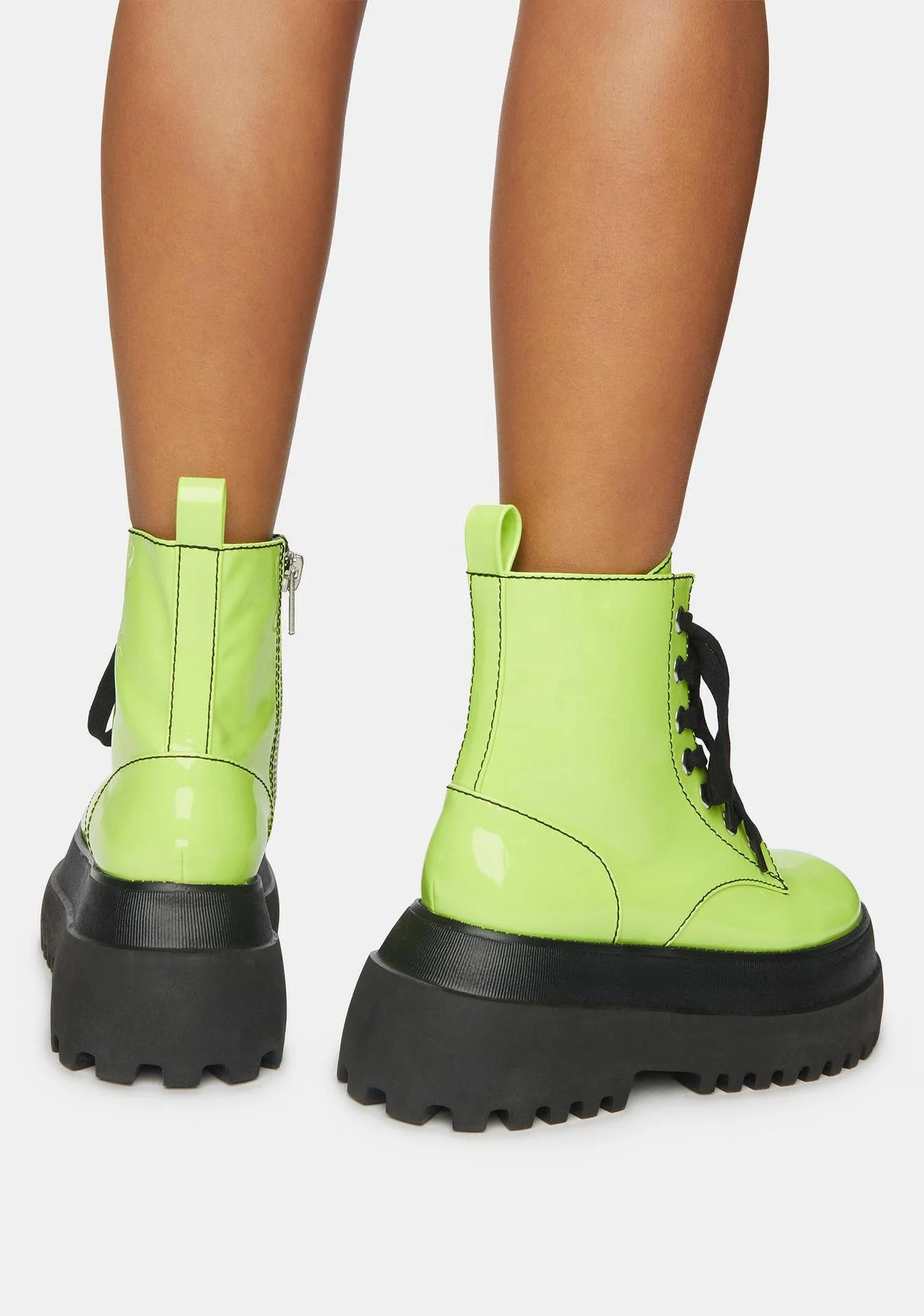 High Quality New Latest Round Toe Rose Red Green Platform Shoes Winter 2022 Big Size Lace Up Glossy Zipper Ankle Women Boots