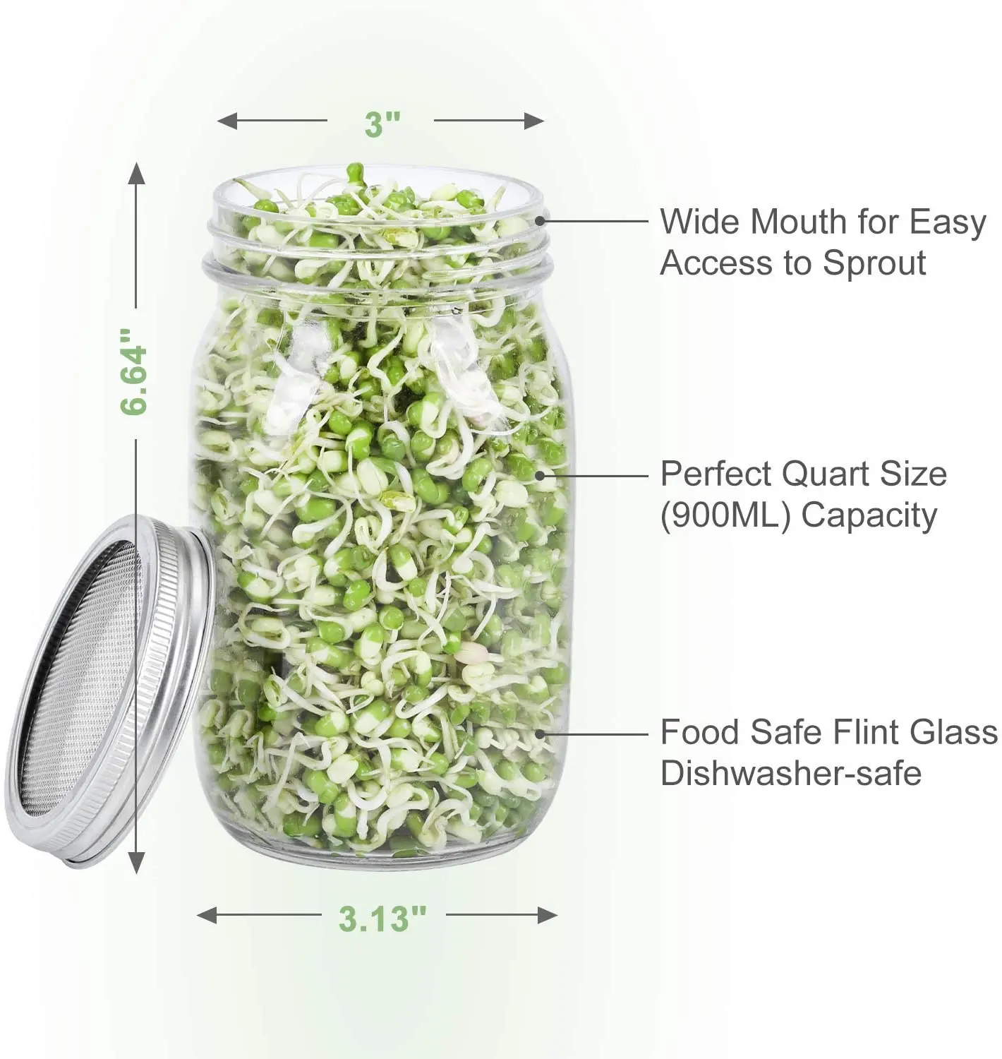 Complete Mason Jar Sprouting Kit - 2 Wide Mouth Quart Sprouting Jars with 316 Stainless Steel Sprouting Lids, Ceramic Drip Tray