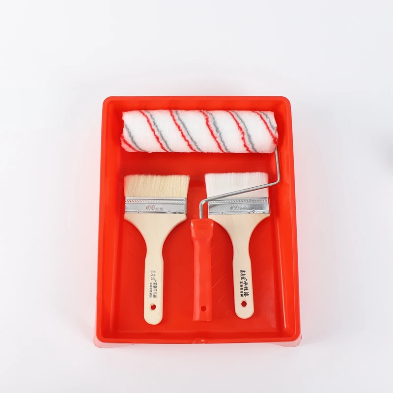 4pcs roller brushset red and gray stripe 9 inch roller brush flower necklace paint brush plastic tray