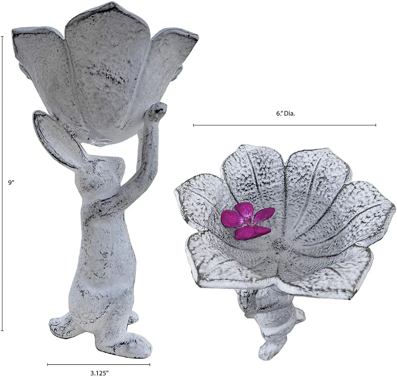 Oniya Distressed Antique White Cast Iron Planter Indoor Outdoor Bird Feeder Bunny Rabbit and Spring Tulip Yard Art Garden Decor