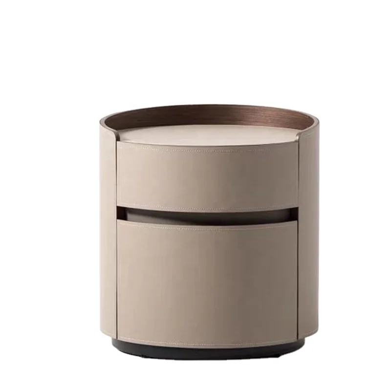 Italian design luxury leather wooden bedside table bedroom furniture modern round nightstand table with storage bed tables