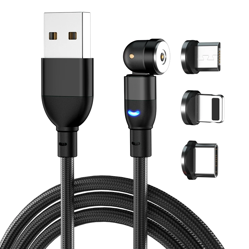  Оптовая продажа новейший светодиодный Micro Usb-кабель 3 в 1 с вращением на 540 градусов для мобильных телефонов и ноутбуков Магнитный зарядный кабель нейлоновой оплеткой типа