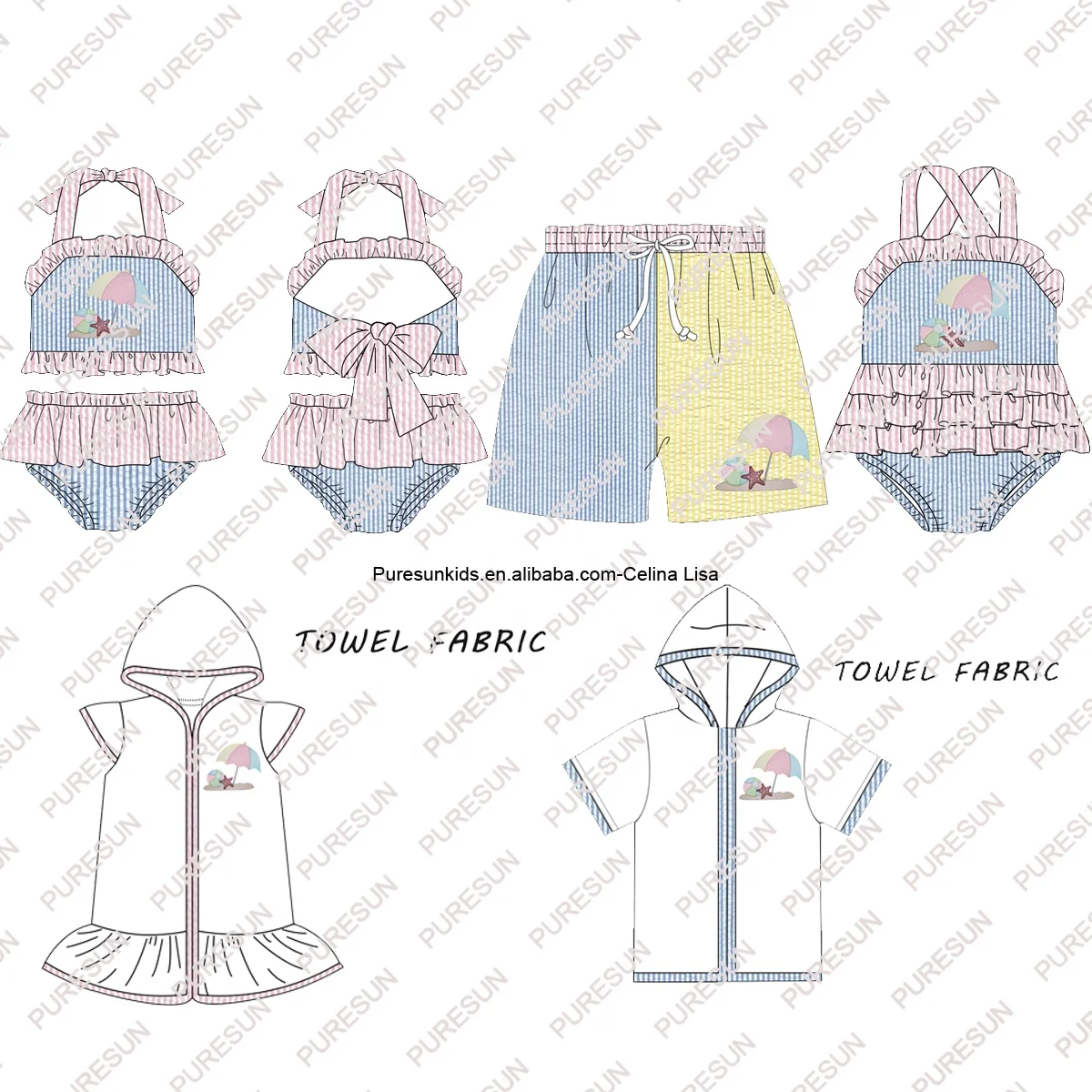 PURESUN custom kids clothes seersucker two pcs set swimsuit monogram baby girls  ruffle bikini bathing suit with embroidery